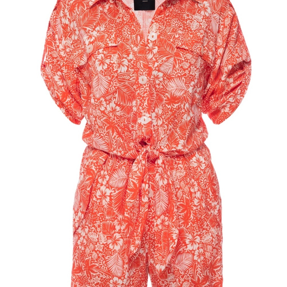 Vibrant Orange Floral Button-Up Romper